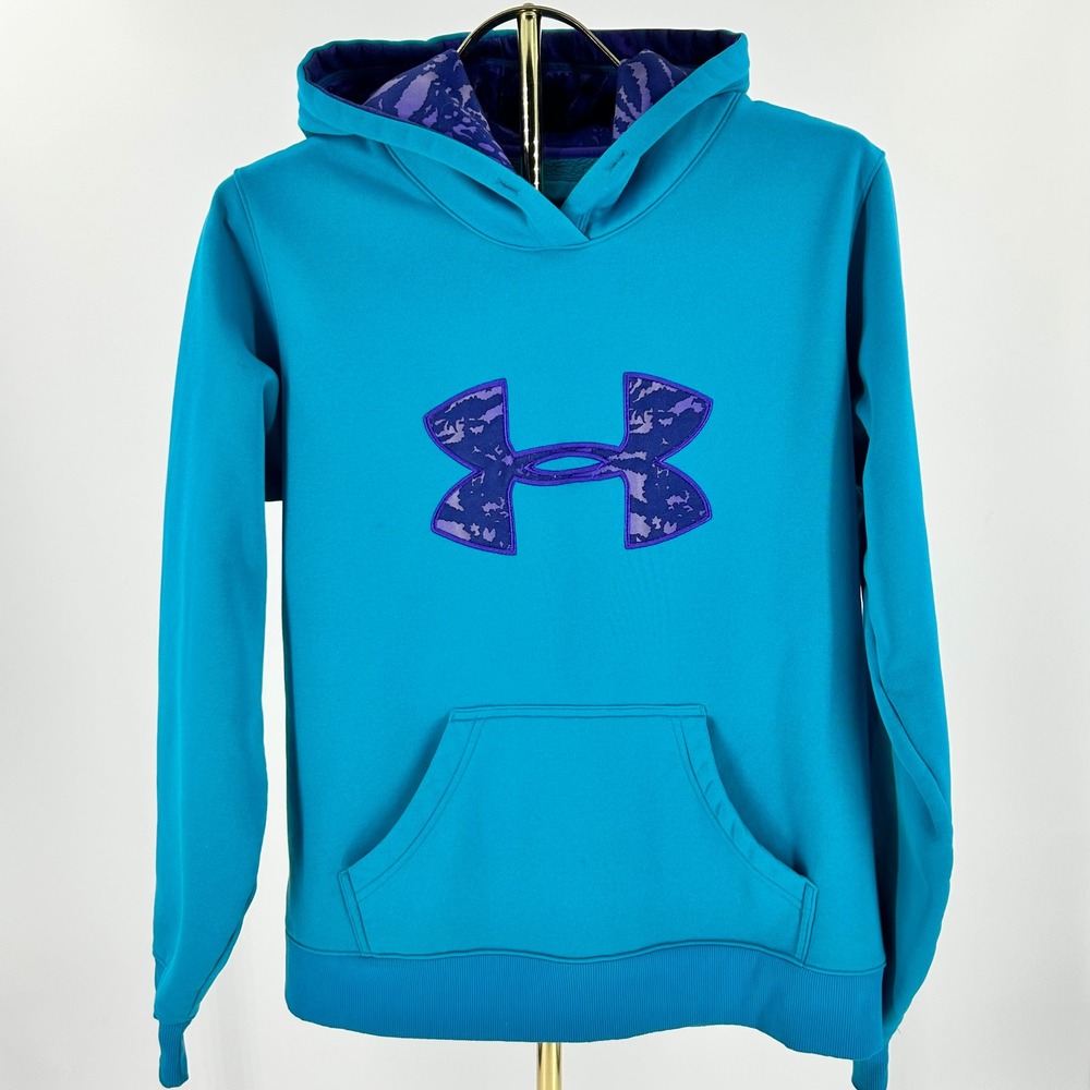 Under Armour UA Storm Hoodie Teal Blue Purple Camo Logo Fleece Pullover Large